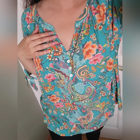 FINAL PRICE Teal Tropical Print Blouse - Picture 3 of 11